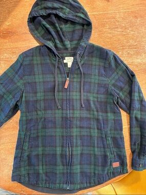 L.L. Bean Navy and Green Plaid Hooded Zip Flannel Jacket